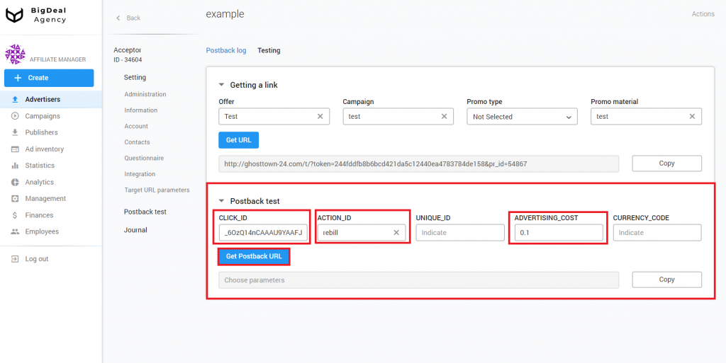 Integrate MANAGED Advertiser via Postback URL