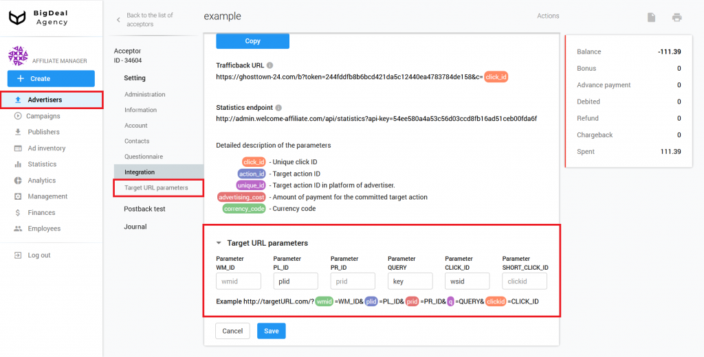 Integrate MANAGED Advertiser via Postback URL