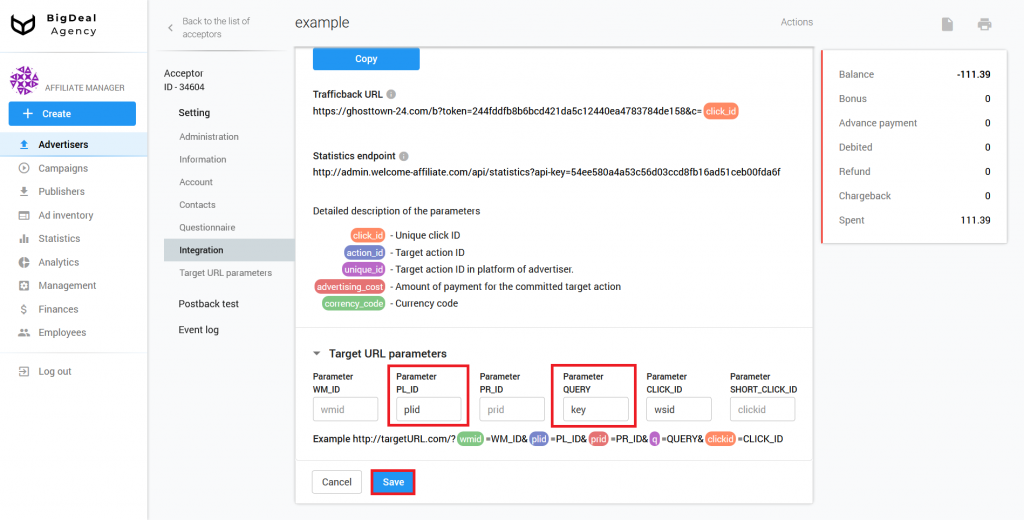 Integrate MANAGED Advertiser via Postback URL