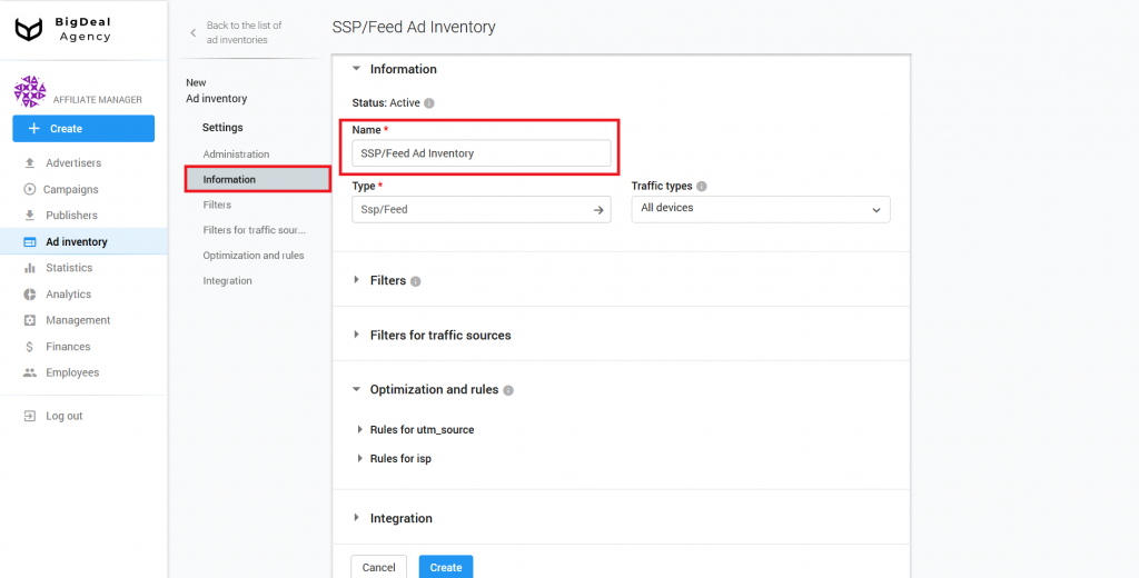 Creation of SSP/Feed Ad Inventory