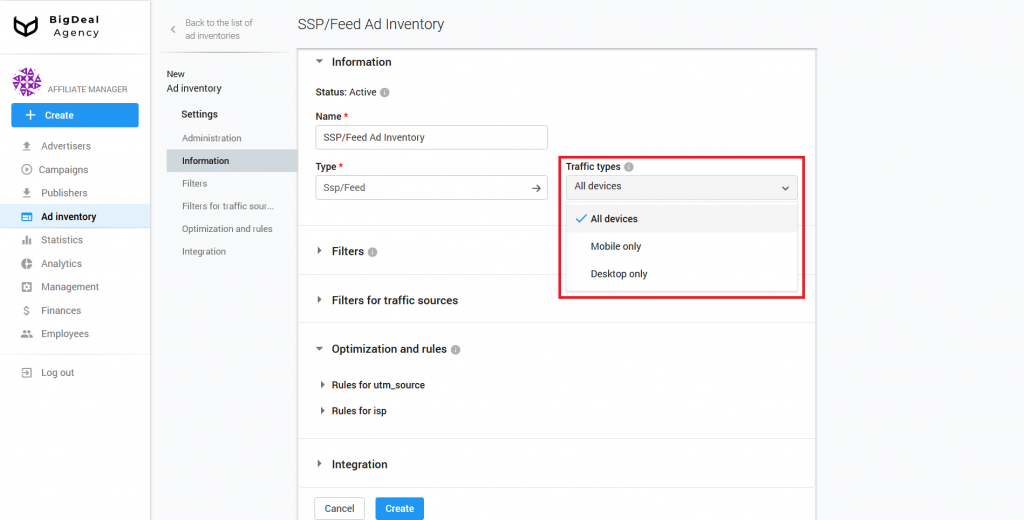 Creation of SSP/Feed Ad Inventory