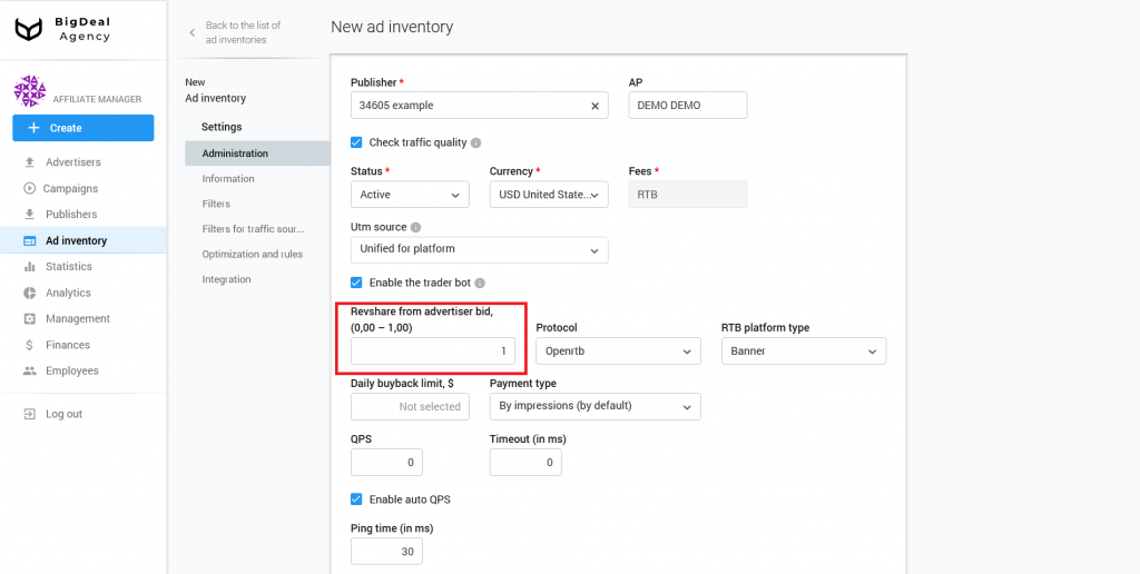 Creation of SSP/Feed Ad Inventory